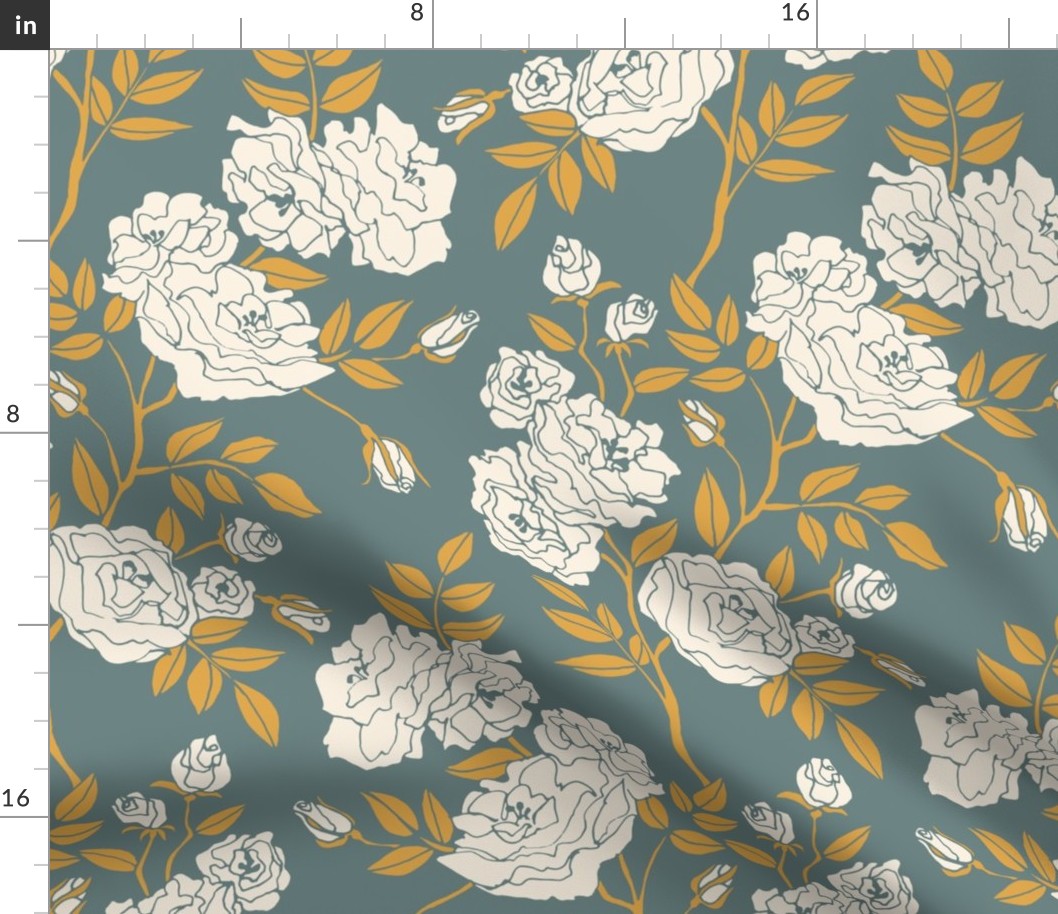 (s) Modern Victorian Blooms: Maximalist Climbing Rose Floral in a Contemporary yet Classic Repeat for Wallpaper and Fabric | Cream, Turquoise Blue, and Yellow Green | Small (12 x 22.75 inch repeat) | Modern Victorian Farmhouse