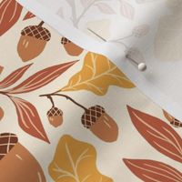 Whimsical Woodland Theme: Acorns and Oak Leaves, Oak tree | Brown, Yellow | Cream Background | Small Scale
