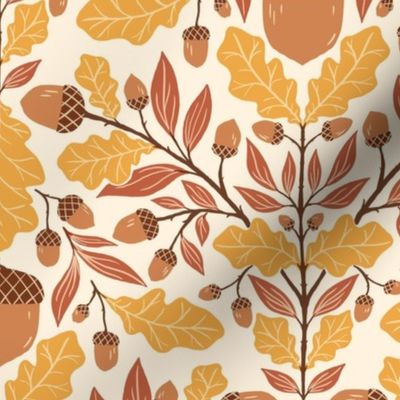 Whimsical Woodland Theme: Acorns and Oak Leaves, Oak tree | Brown, Yellow | Cream Background | Small Scale
