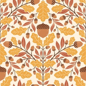 Whimsical Woodland Theme: Acorns and Oak Leaves, Oak tree | Brown, Yellow | Cream Background | Large Scale
