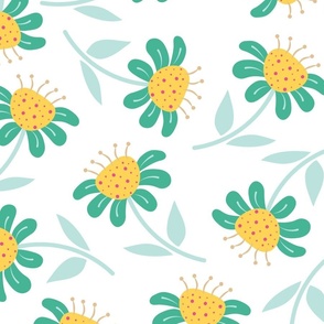 (L) Happy Flowers - Yellow and Green Turquoise Florals Chamomile Botanicals Minimalist Nature