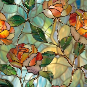 Stained Glass Illuminated Roses Flowers in Orange Peach and Green_221741