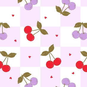 Large Tossed Purple and Red Cherries with Hearts Checkered Purple Background