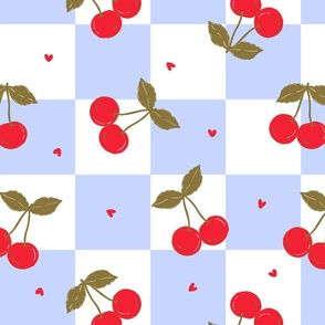 Large Tossed Kitsch Red Cherries with Hearts Checkered Blue Background