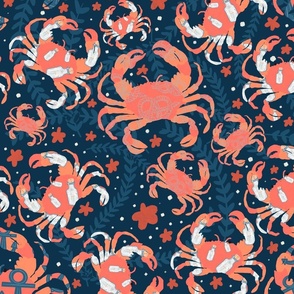 Decorated orange crabs with leaves on navy