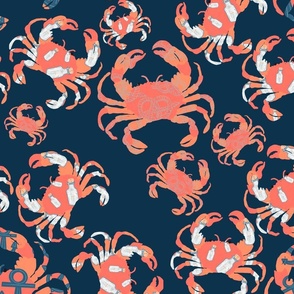 Decorated orange crabs on navy