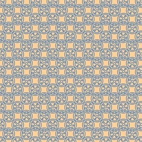 257c - Small scale stylized floral symmetrical blue and  creamy pale yellow organic hand drawn minimalist tile  for kids apparel, patchwork, quilting, hear accessories, kitchen linens, apron