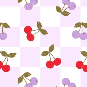 Large Tossed Kitsch Purple and Red Cherries Checkered Purple Background
