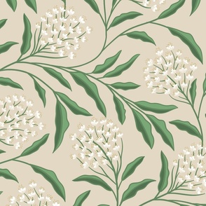 White flower clusters on beige with green leaves