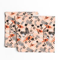 Bohemian waxwings_vector_orange black white grey on light salmon pink 24inch