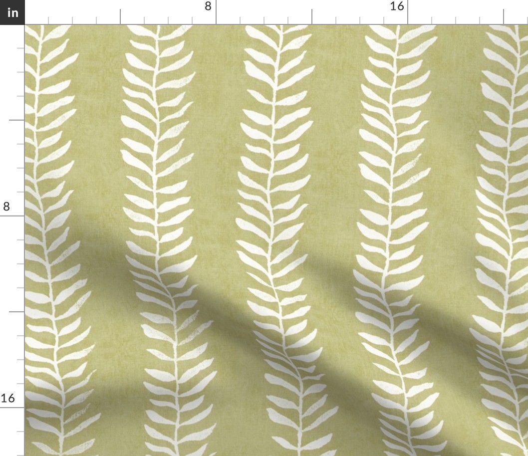 Botanical Block Print in Pine Glade Green (xl scale) | Leaves fabric in green and white from original block print, natural decor, block printed plant fabric, leaf pattern in soft pistachio, pale olive.