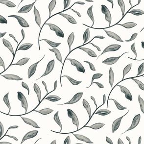 Whimsical Watercolor Leaves in Monochrome - Elegant Nature-Inspired Fabric Design