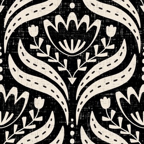 (L) Textured Scandi Florals in cream, off-white on black background, perfect for metallic wallpaper