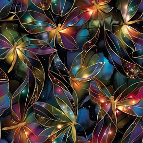 Stained Glass Rainbow Glowing Swirling Magic Fantasy Fireflies Illuminated Night Sky