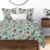 Jacobean Welcome Floral - Mint and Raspberry