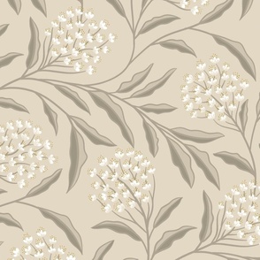 White flower clusters on beige with beige leaves