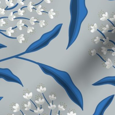 White flower clusters on gray with blue leaves