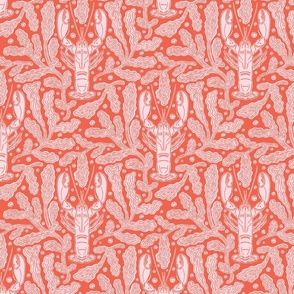 Nautical block print pale pink lobsters and coral on red background (medium)