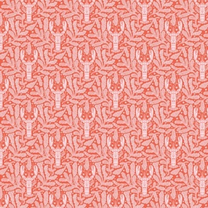 Nautical block print pale pink lobsters and coral on red background (small)