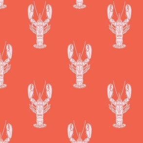 Nautical block print pale pink lobsters on a red background (medium) 