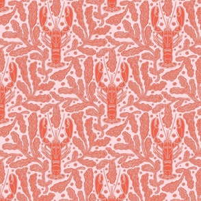 Nautical block print red lobsters and coral on pale pink background (medium)