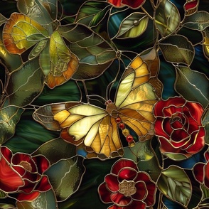 Stained Glass Illuminated Golden Yellow Butterflies with Red Rose Flowers