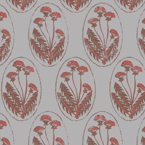 dandelion block print in neutral gray brown and red