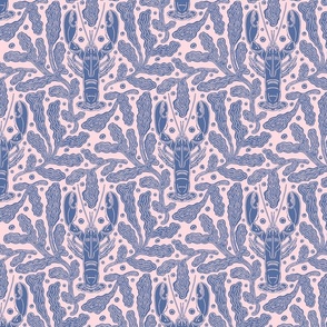 Nautical block print blue lobsters and coral on pale pink background (medium) 