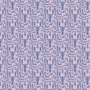 Nautical block print blue lobsters and coral on pale pink background (small) 