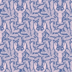 Nautical block print pale pink lobsters and coral on blue background (medium ) 