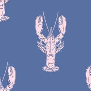 Nautical block print pale pink lobsters on a blue background (large) 