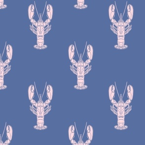 Nautical block print pale pink lobsters on a blue background (medium) 