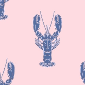 Nautical block print blue lobsters on a pale pink background (large) 