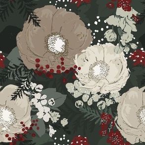 Christmas Peony Floral (Dark Green) (Large Scale)(10.5"/12")