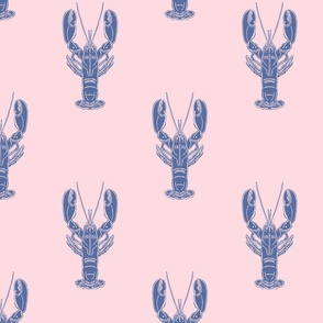 Nautical block print blue lobsters on a pale pink background (medium) 