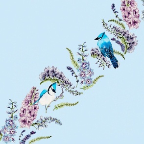 Blue jays diagonal stripe bird print with larkspur delphinium and wisteria violet florals on blue