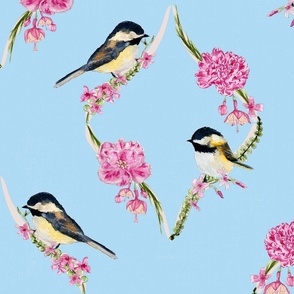 Chickadee Chat - songbirds with pink fuchsia, phlox, + peony flowers on blue - whimsical art deco