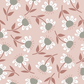 (M) Happy Flowers - Dusty Rose and Sage Green Florals Chamomile Earth Tones Botanicals Minimalist Nature