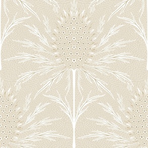 (L) Maximalist thistle monochrome japandi bright, beige, off white and for gold metallic wallpaper 