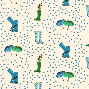 Green and Blue Umbrellas and Rainboots with Dots and Water Reeds