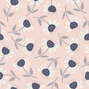 (M) Happy Flowers - Pale Blush Pink Charcoal Florals Chamomile Neutral Colors Botanicals Minimalist Nature