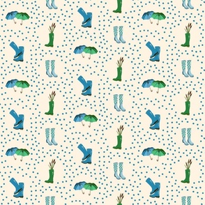 Green and Blue Umbrellas and Rainboots with Dots and Water Reeds (small-scale)