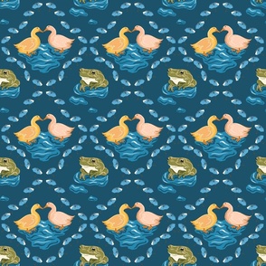 Loving Ducks and Frog with Puddle in a Diamond of Umbrellas in Blue (small-scale)