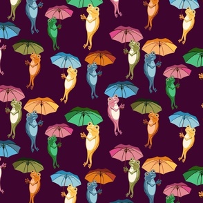 Stylized Frogs Holding Colorful Umbrellas in Merlot, Large-Scale