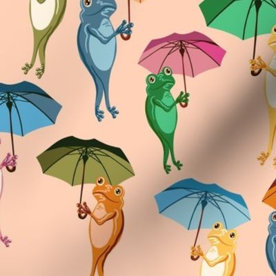 Stylized Frogs Holding Colorful Umbrellas in Peach Fuzz, Large-Scale