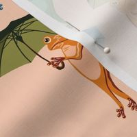 Stylized Frogs Holding Colorful Umbrellas in Peach Fuzz, Large-Scale