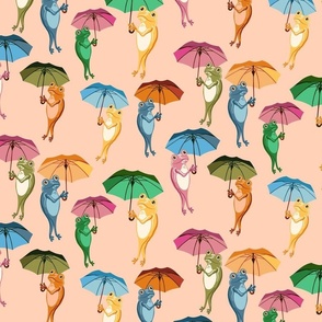 Stylized Frogs Holding Colorful Umbrellas in Peach Fuzz, Large-Scale