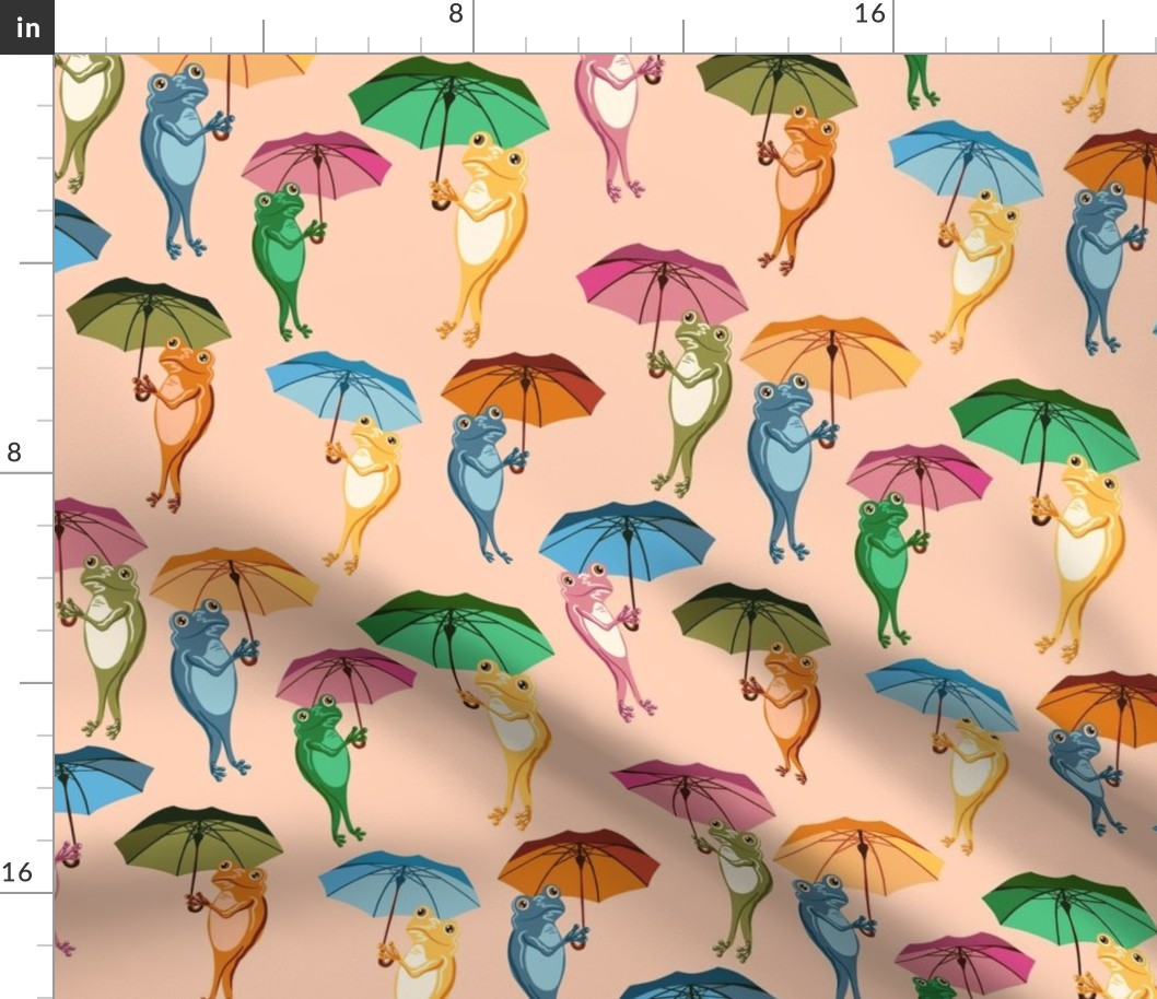 Stylized Frogs Holding Colorful Umbrellas in Peach Fuzz, Large-Scale