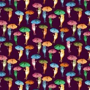 Stylized Frogs Holding Colorful Umbrellas in Merlot, Small-Scale