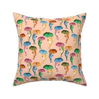 Stylized Frogs Holding Colorful Umbrellas in Peach Fuzz, Small-Scale